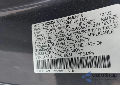 2023 Honda Odyssey Touring z USA, uszkodzony, nr VIN 5FNRL6H87PB019264